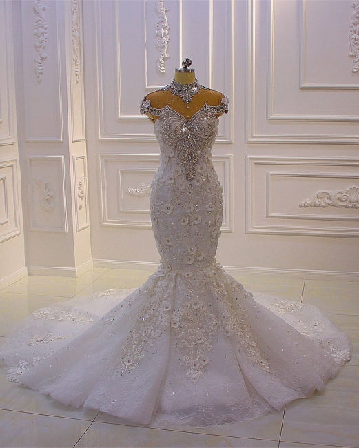 Extravagant Mermaid High Neck Glitter Wedding Dresses with Lace