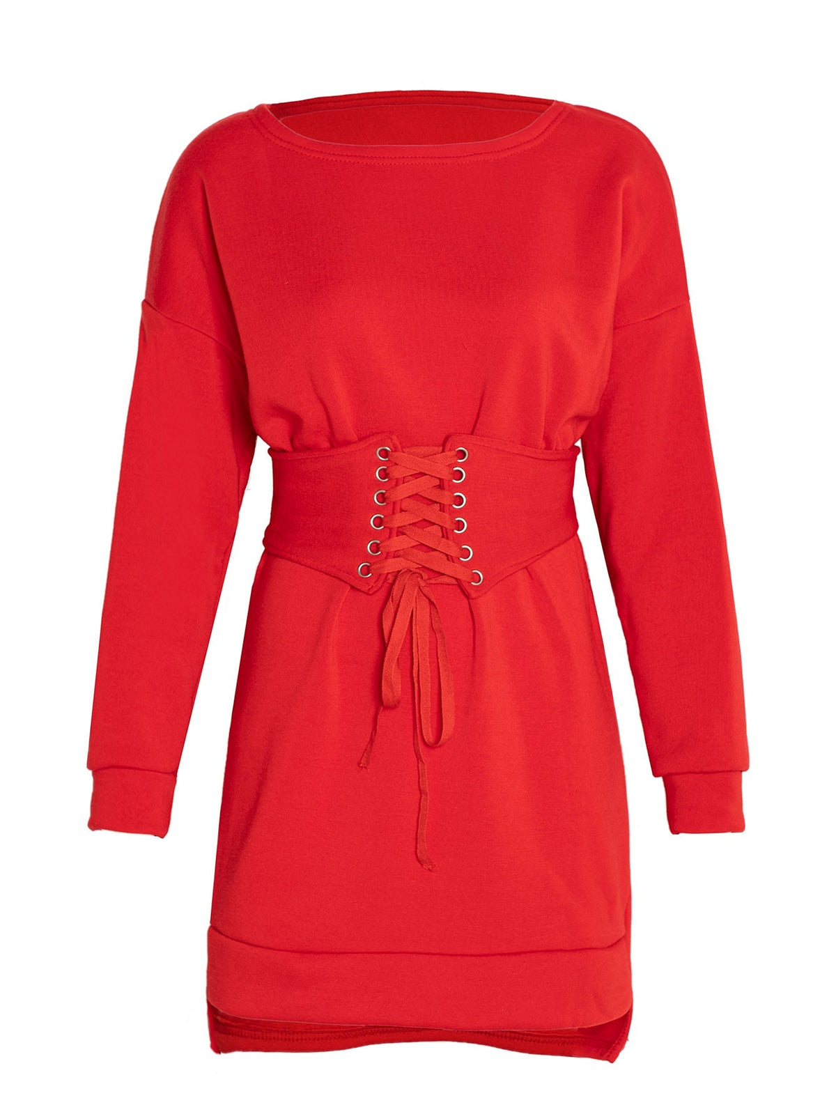 Boat Neck Long Sleeve Lace-Up Knit Mini Dress