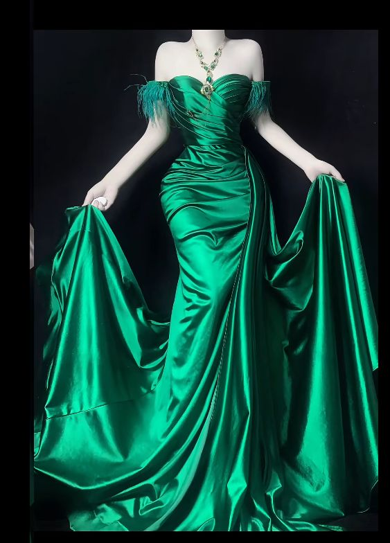 Trendy Off The Shoulder Satin Pleated Mermaid Evening Dress Green Long Party Gown D1216