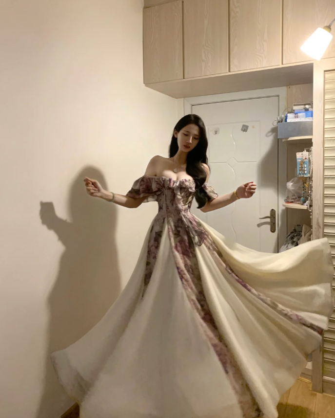 Pretty Off The Shoulder Chiffon Printed Floral A Line Long Party Dress Evening Gown D842