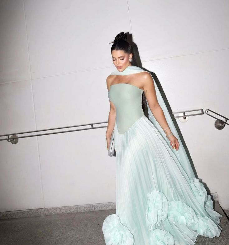 Classy Strapless Light Green Satin Tulle Pleated Long Prom Dress Birthday Party Dress With 3D Flowers D1029