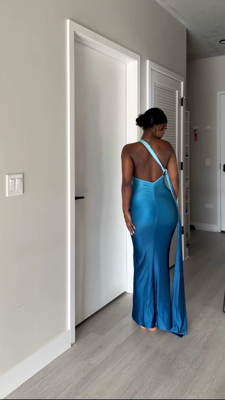 Sexy One Shoulder Backless Ombre Sea Blue Satin Mermaid Evening Gown Long Party Dress D831