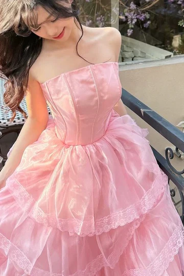 Sweet Pink Strapless Tulle Lace Layered Long Prom Gown Birthday Party Dress D1431