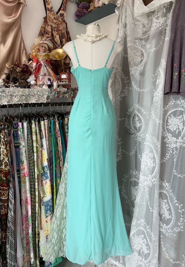 Classy Mint Green Spaghetti Straps Chiffon Beaded Mermaid Long Prom Dress Birthday Party Dress D1781