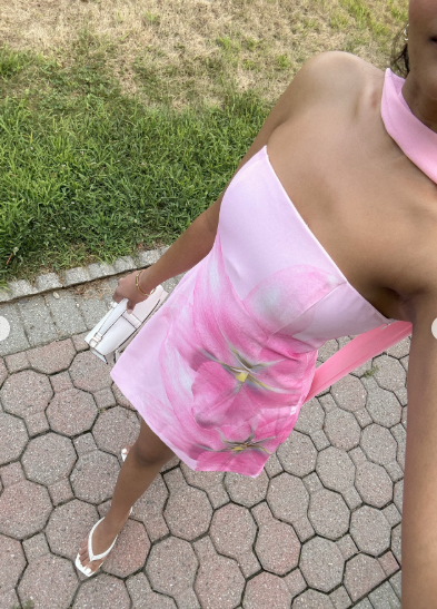 Classy Pink Strapless Satin Printed Floral Short Party Dress Formal Birthday Dress Homecoming Dress With Ribbon D744