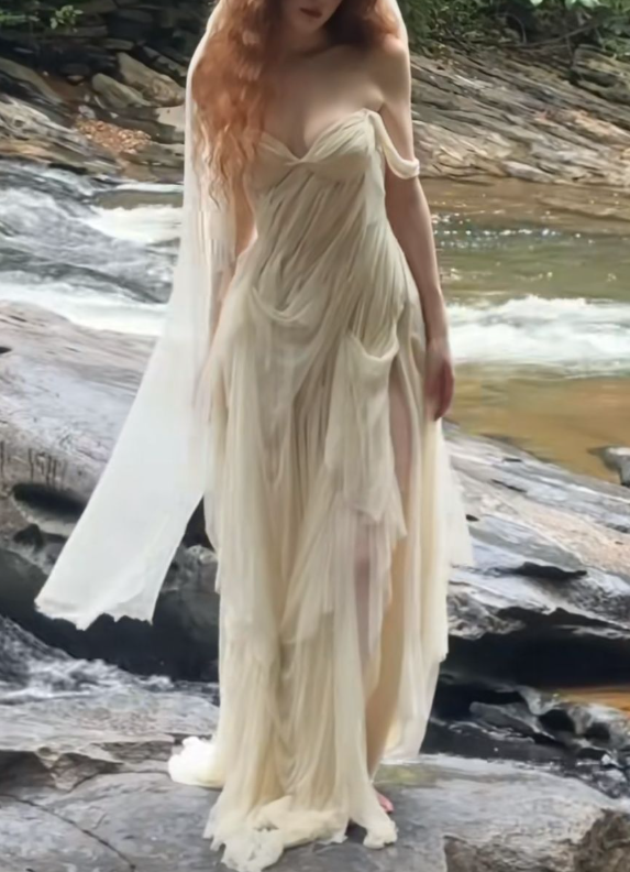 Charming Off The Shoulder Apricot Chiffon Pleated Slit Long Wedding Dress Formal Bridal Dress With Veil D1182