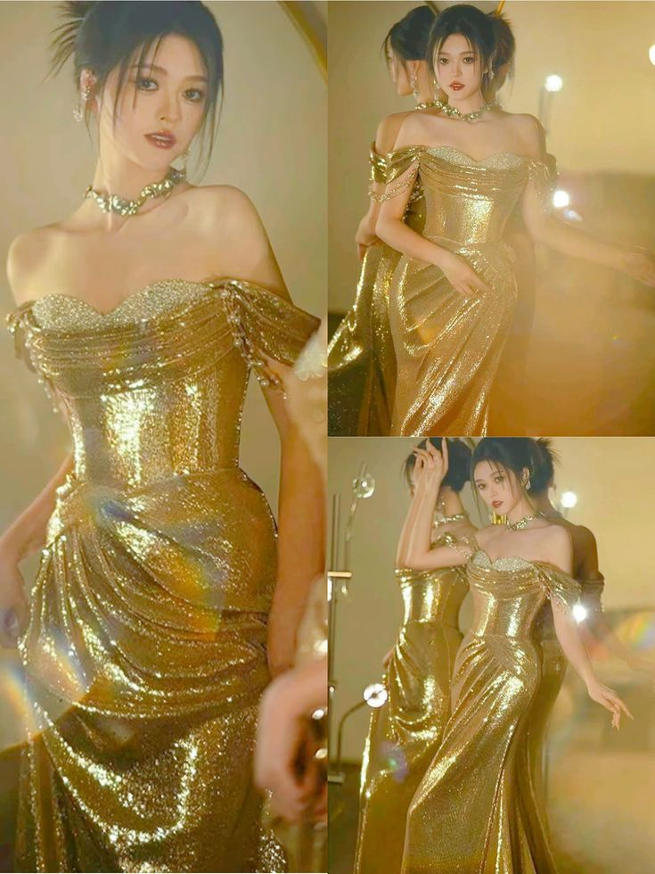 Beautiful Gold Sequin Beaded Evening Dress Off The Shoulder Long Mermaid Prom Dress S209