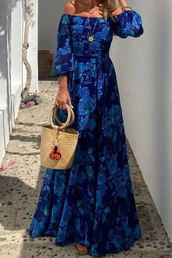 Floral Off Shoulder Lantern Sleeve Tie Waist A-Line Maxi Dress