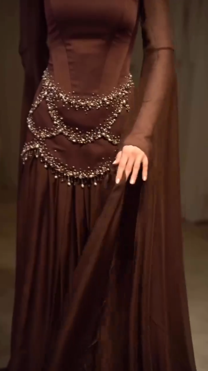 Gorgeous Brown Satin Chiffon Beaded Mermaid Prom Dress Long Party Gown D889