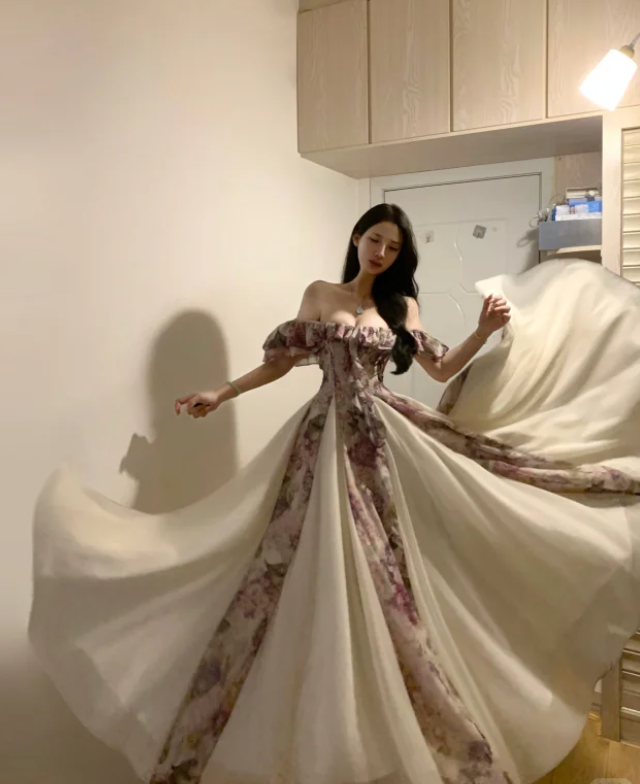 Pretty Off The Shoulder Chiffon Printed Floral A Line Long Party Dress Evening Gown D842