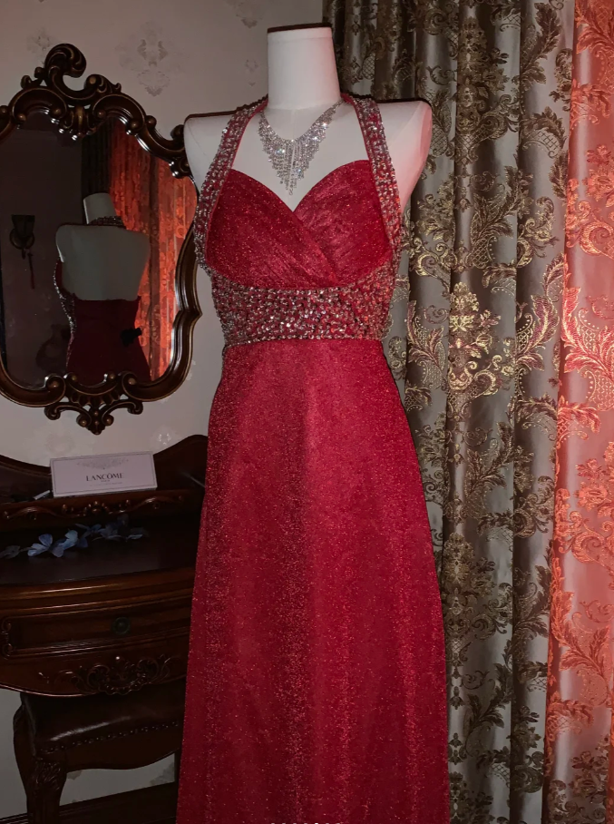 Glitter Halter Red Tulle Sequin Beaded A Line Long Party Dress Evening Dress D1713