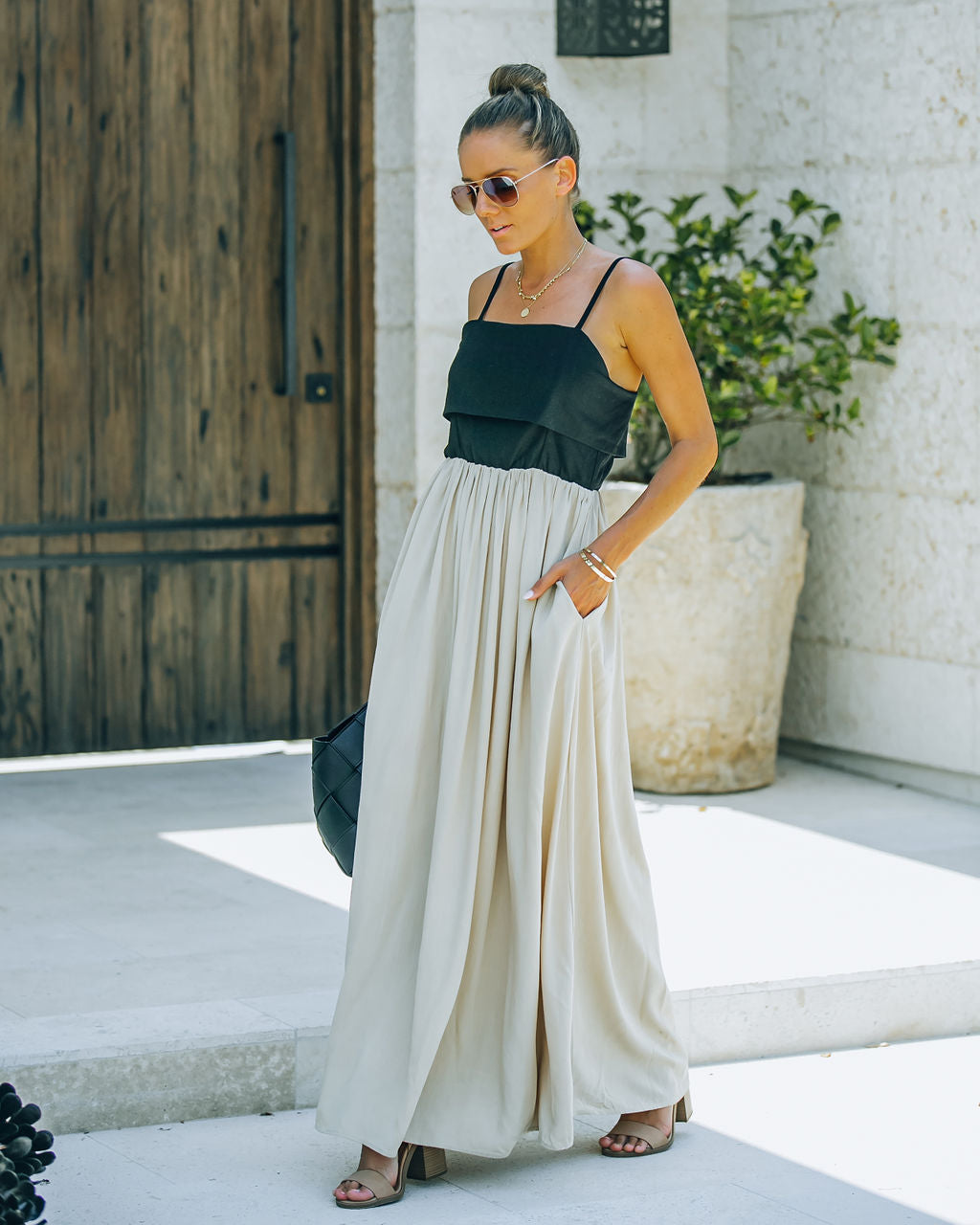 Marcellus Pocketed Colorblock Maxi Dress - Black Nude
