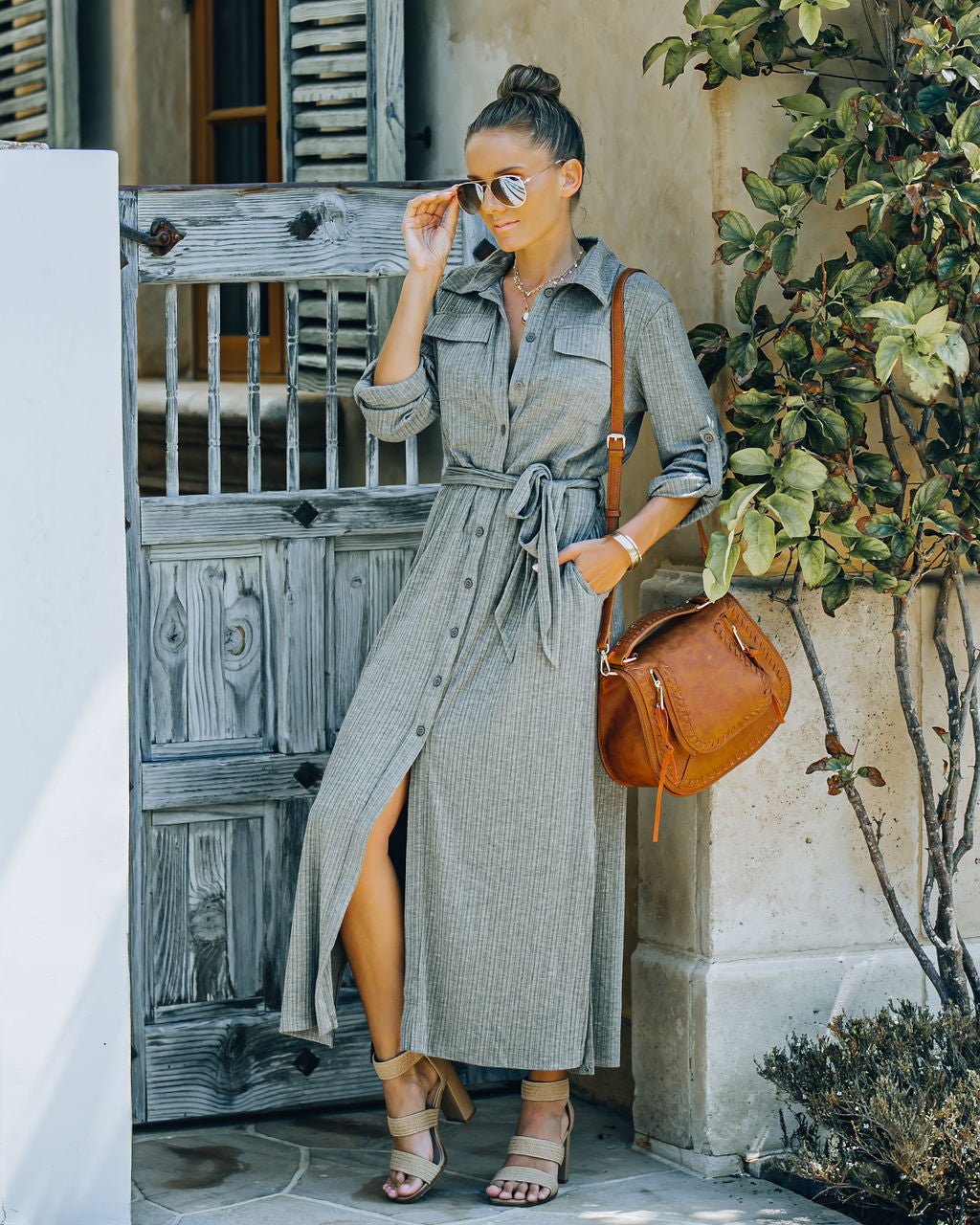 Striped Long Sleeve Button Front Belted Shirt Maxi Dress