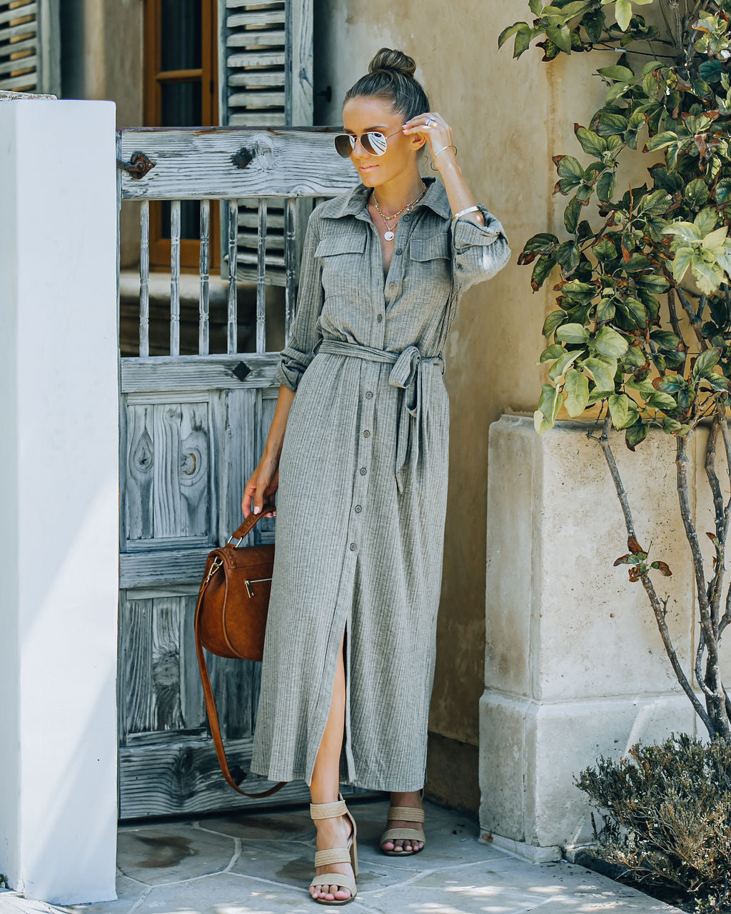 Striped Long Sleeve Button Front Belted Shirt Maxi Dress