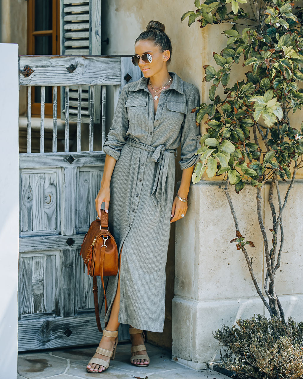 Striped Long Sleeve Button Front Belted Shirt Maxi Dress