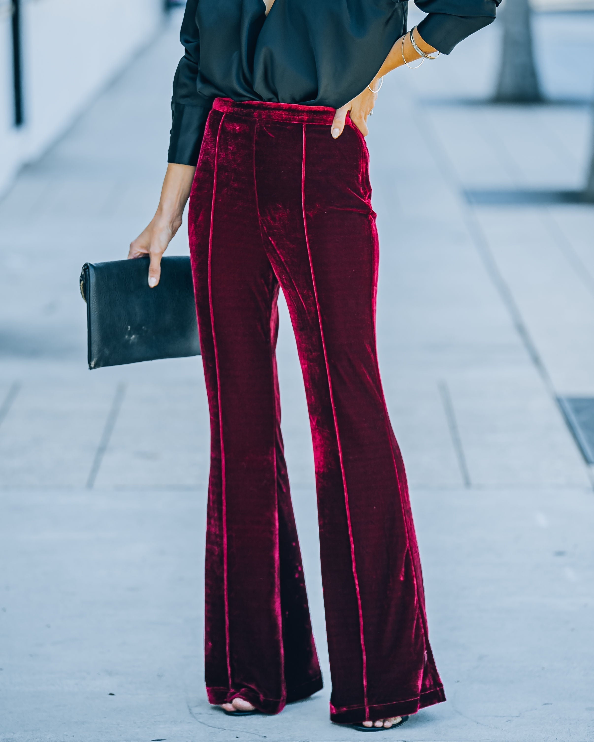 Amani High Rise Velvet Flare Pants - Burgundy