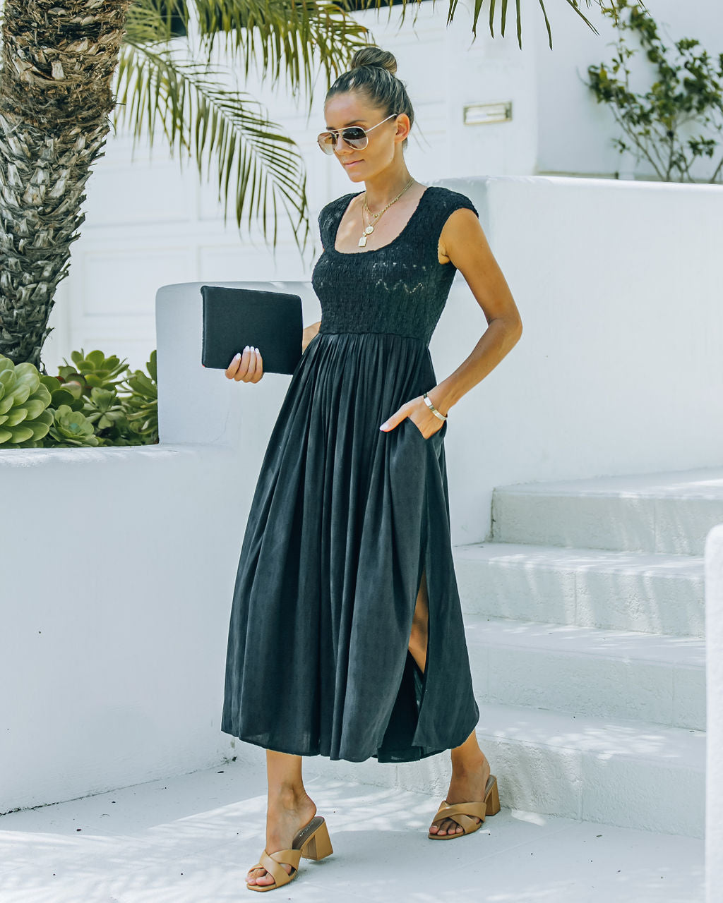 Naite Pocketed Smocked Midi Dress - Black