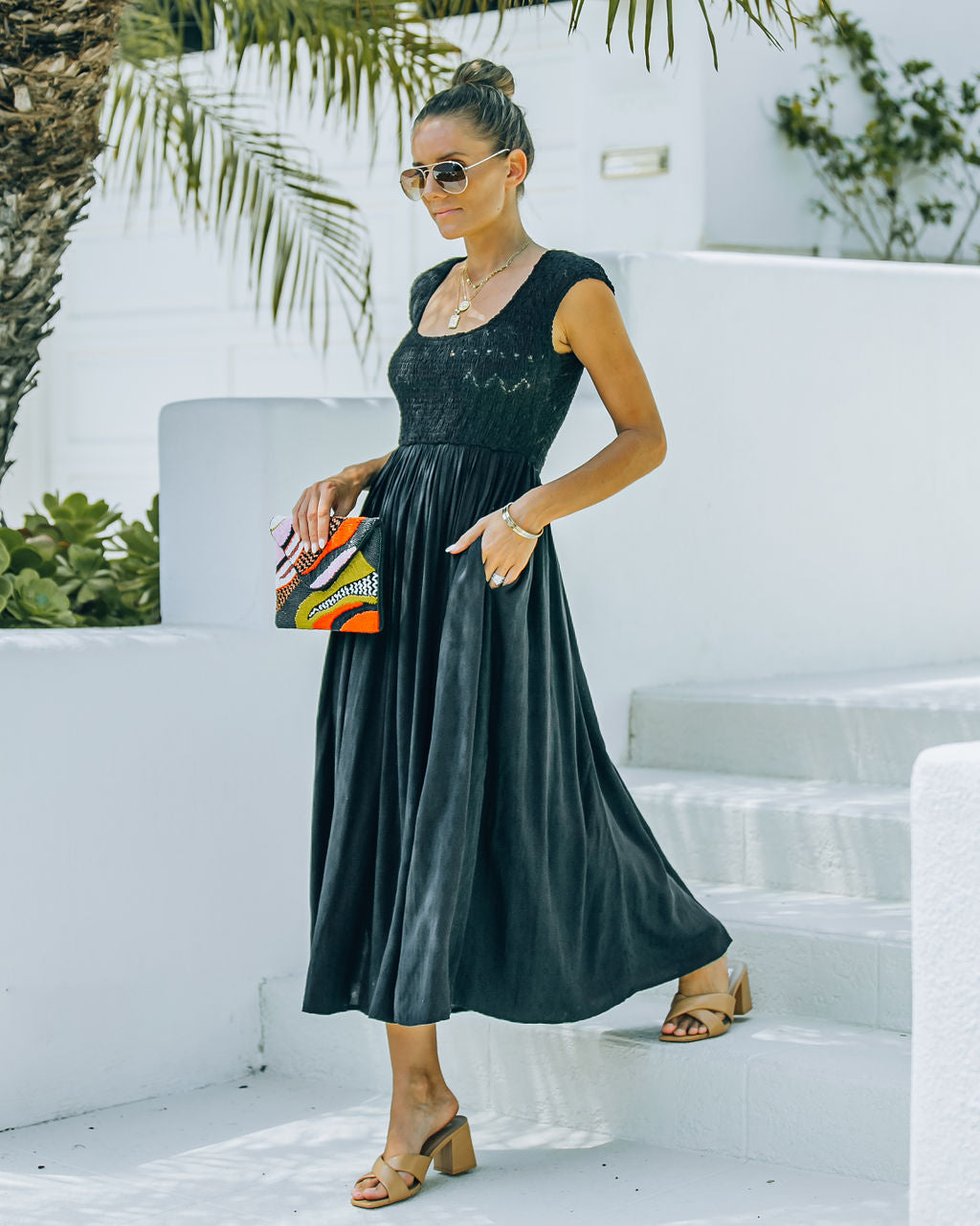 Naite Pocketed Smocked Midi Dress - Black