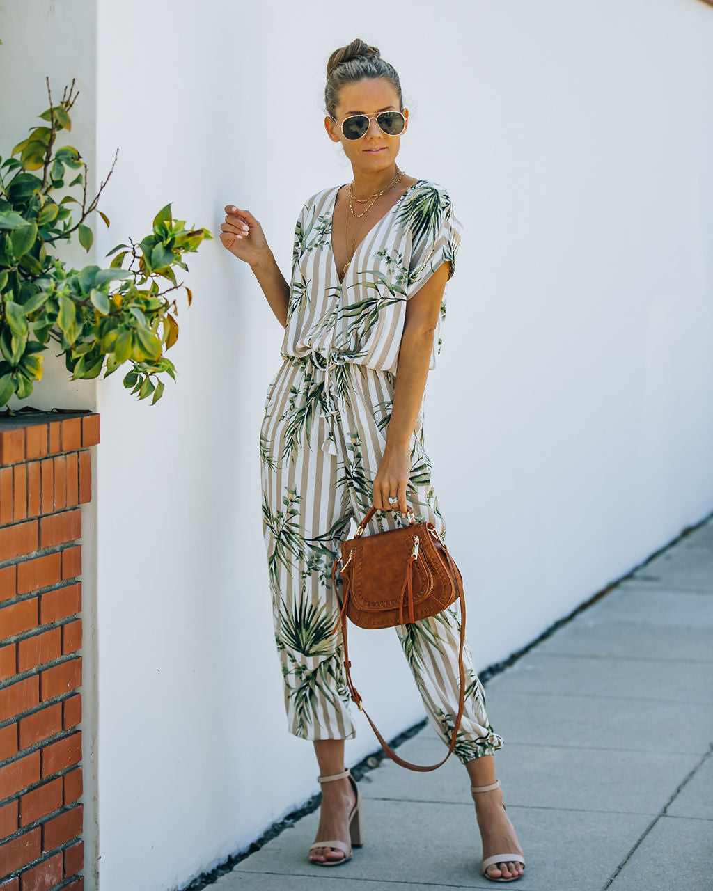 Sunset View Pocketed Palm Print Striped Jumpsuit - Taupe