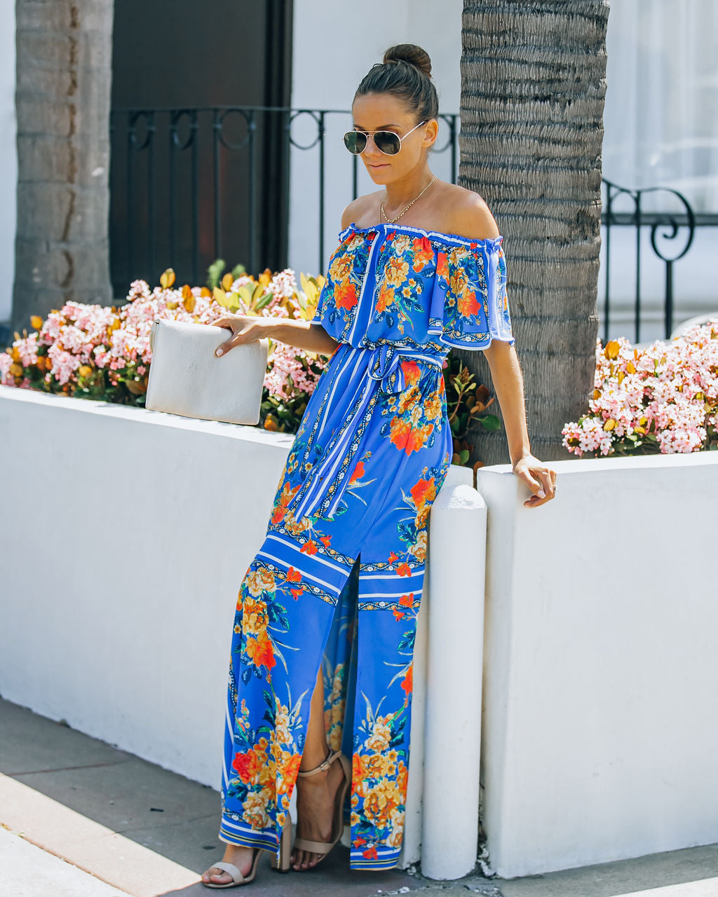 Floral Print Off Shoulder Flounce Maxi Dress