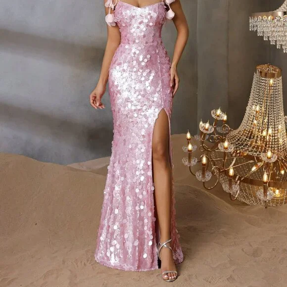 Sparkly Spaghetti Straps Pink Sequin Mermaid Slit Evening Dress Long Birthday Party Dress D1578