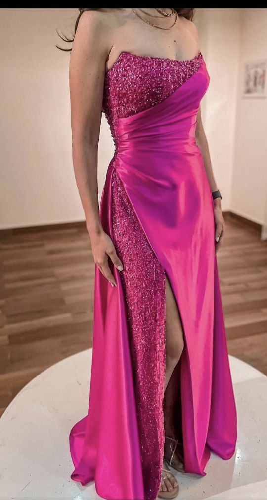 Elegant Strapless Hot Pink Satin Sequin Slit Mermaid Evening Dress Long Wedding Guest Dress D1567
