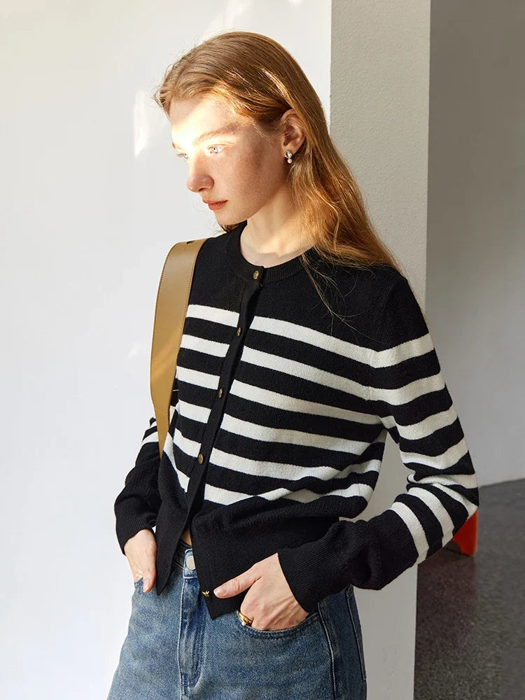 Classic Casual Striped Round Neck Long-sleeved Sweater Cardigan 2