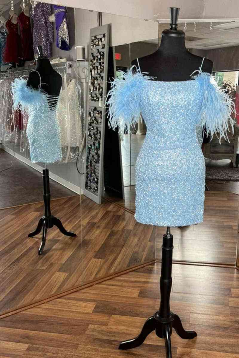Georgiana Bodycon Sequined Homecoming Dress with Feathers - Fashionpara