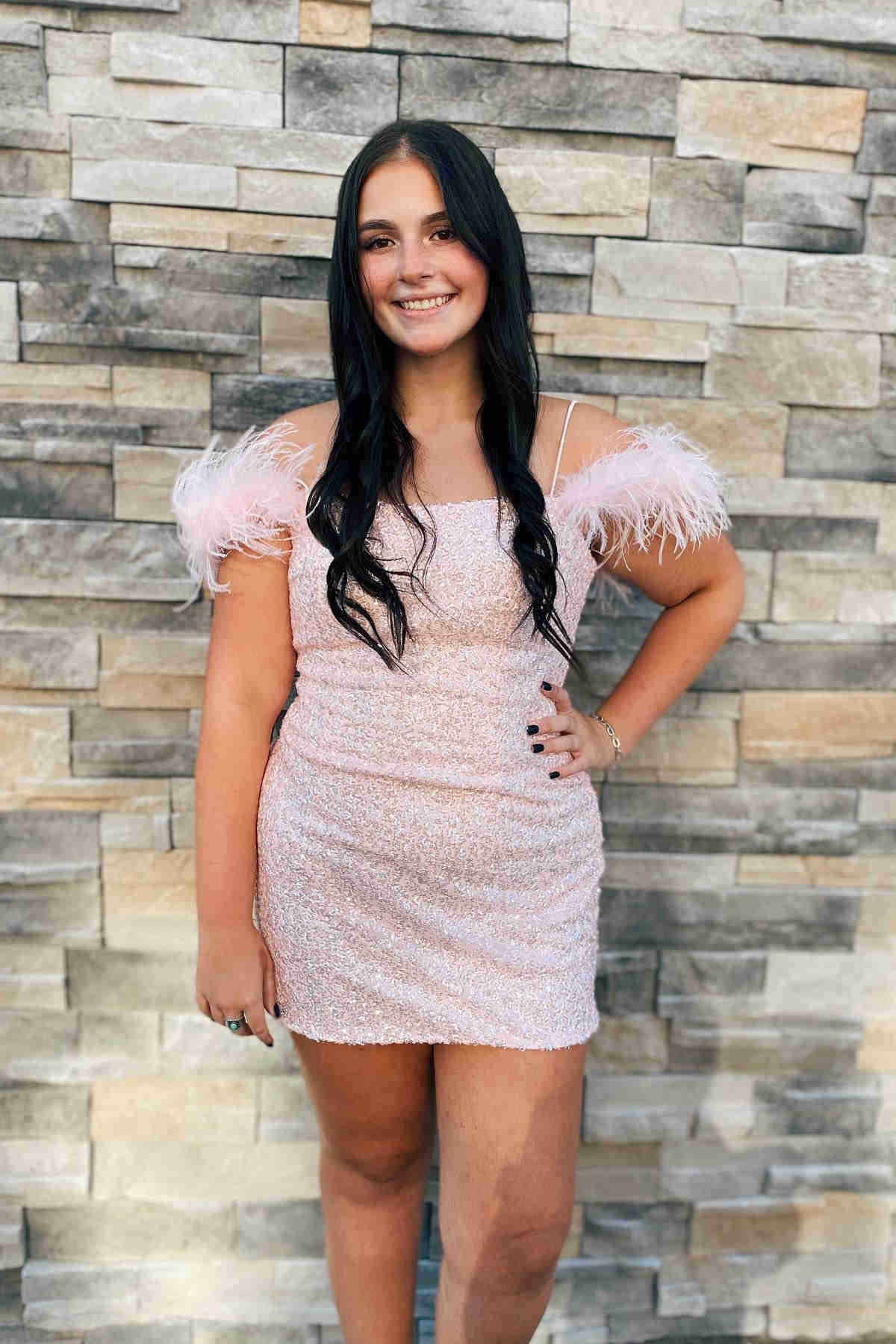 Georgiana Bodycon Sequined Homecoming Dress with Feathers - Fashionpara