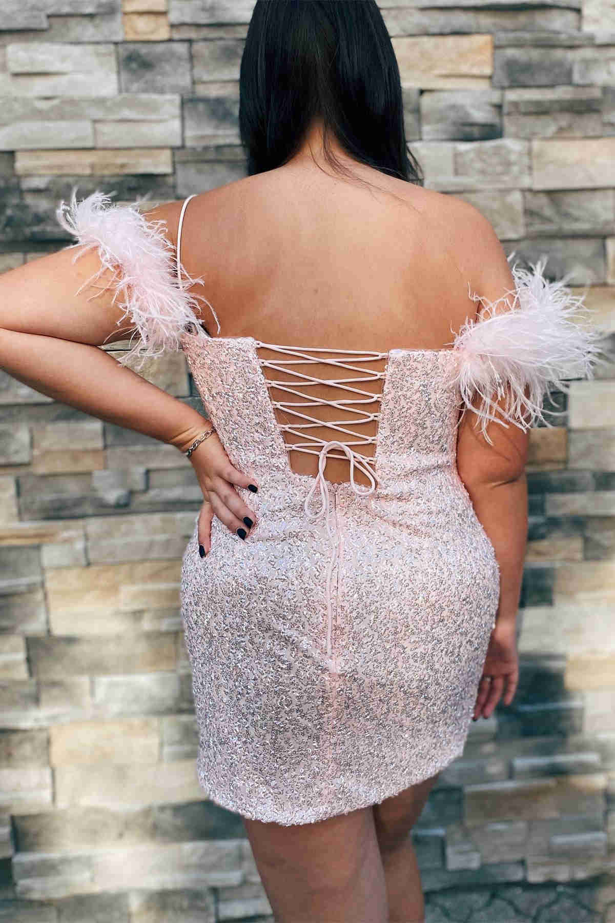 Georgiana Bodycon Sequined Homecoming Dress with Feathers - Fashionpara