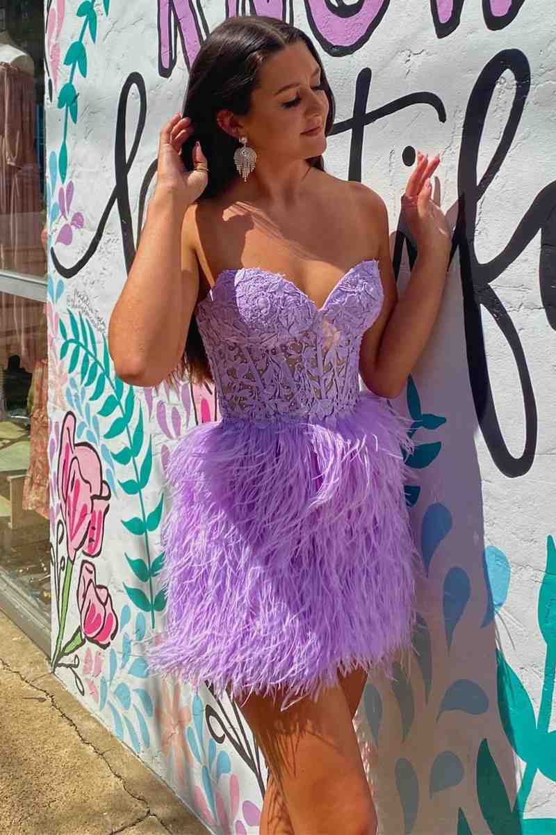 Amina Sheath Sweetheart Lace Feathered Skirt Homecoming Dress - Fashionpara