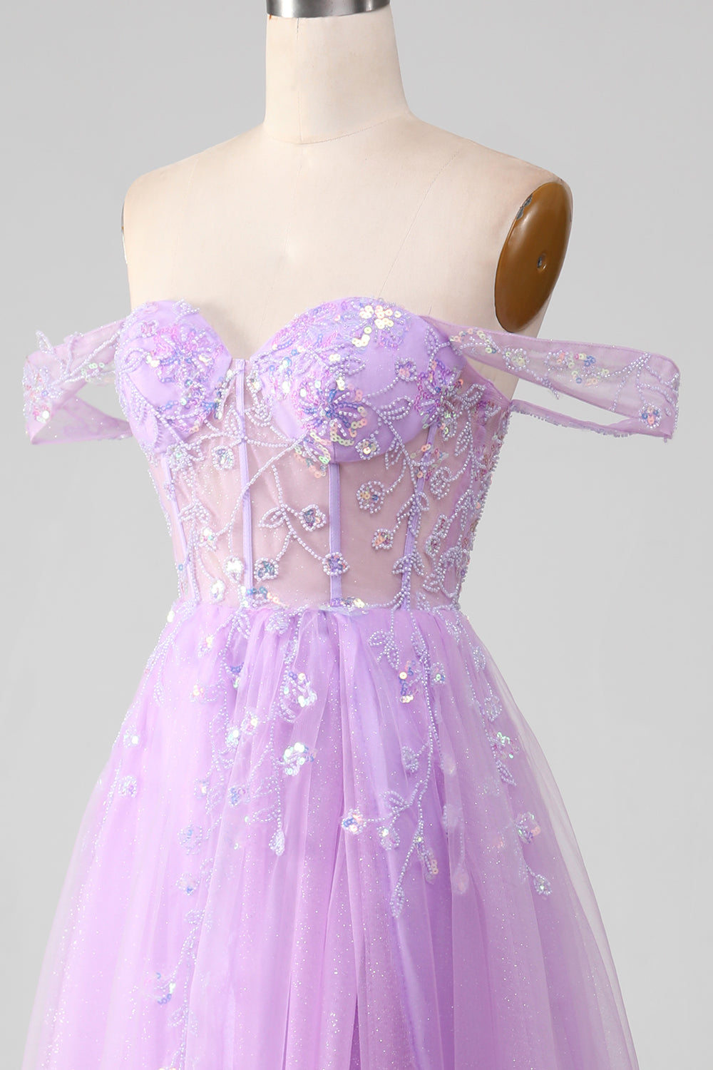 Lavender A Line Tulle Off the Shoulder Prom Dress with Slit