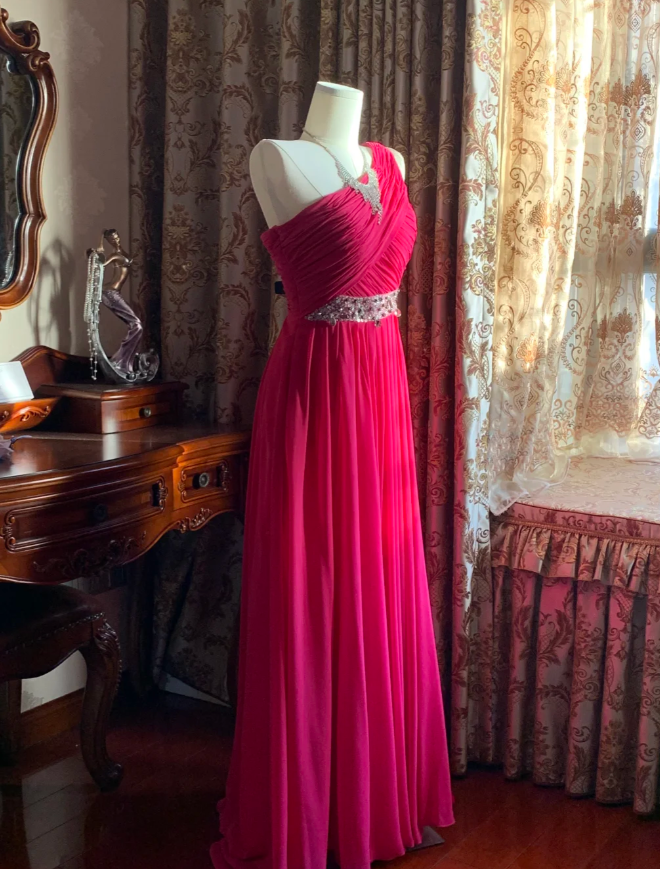 Pretty Rose Red One Shoulder Chiffon Pleated Beaded Evening Dress Long Wedding Guest Dress D1776