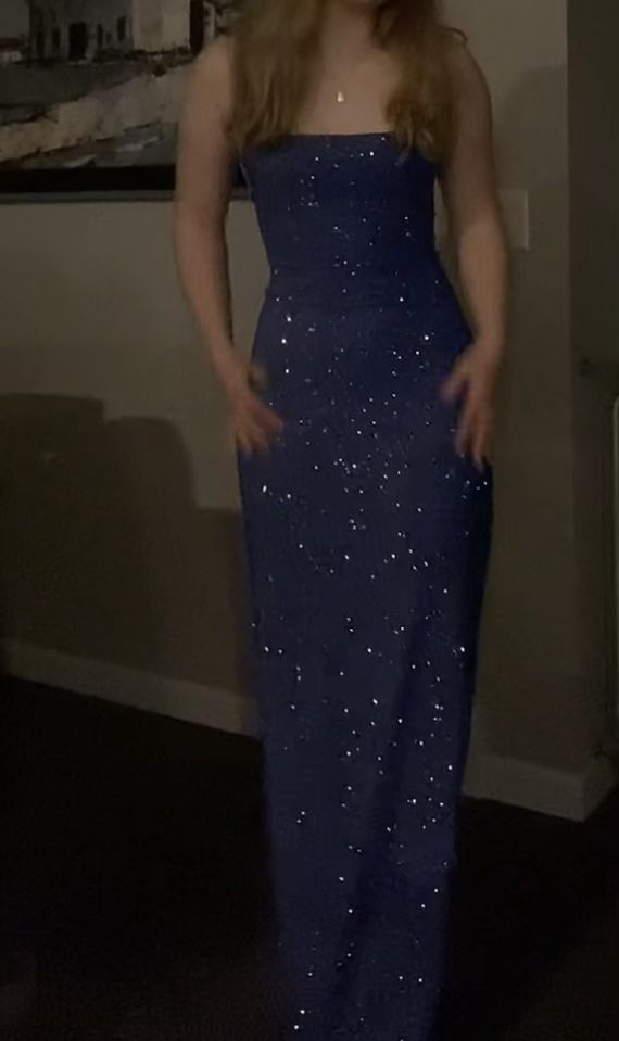 Elegant Blue Spaghetti Straps Satin Sequin Sheath Evening Dress Prom Gown Long Wedding Guest Dress D1800