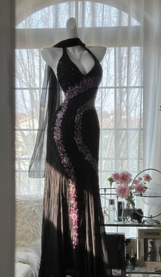 Charming Halter V Neck Black Chiffon Sequin Beaded Mermaid Long Evening Dress Formal Birthday Party Dress D1788