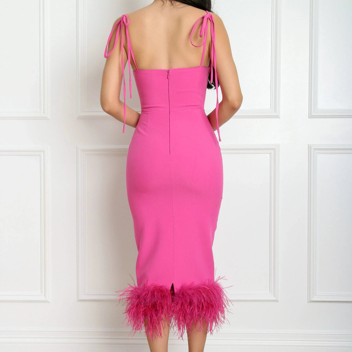 Square Neck Strappy Feather Trim Bodycon Midi Dress