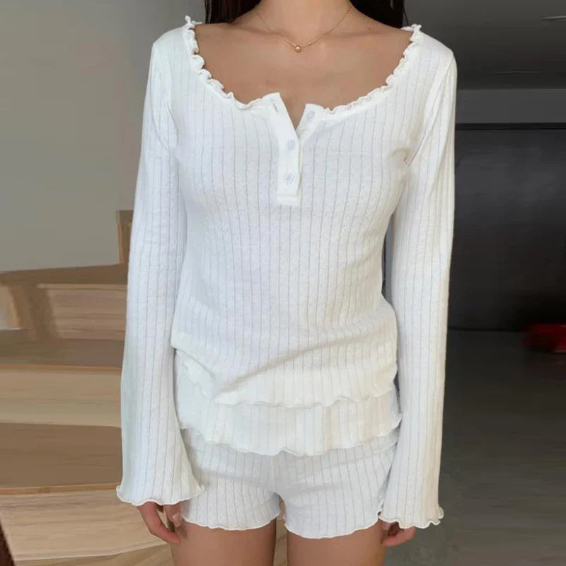 Sweet Girl Long Sleeve Crop Top Shorts Two Pieces Set