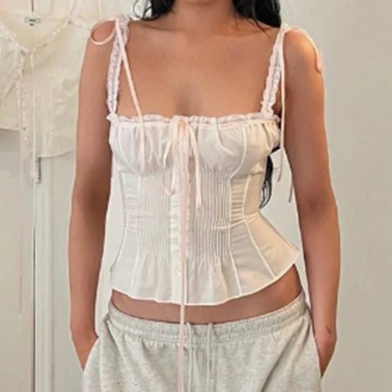 Lace Ribbon Bowknot Button-Up Slim Crop Top