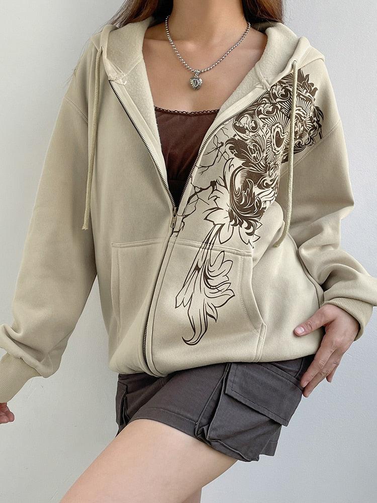 Fairy Grunge Floral Zip-Up Hoodie - Fashionpara