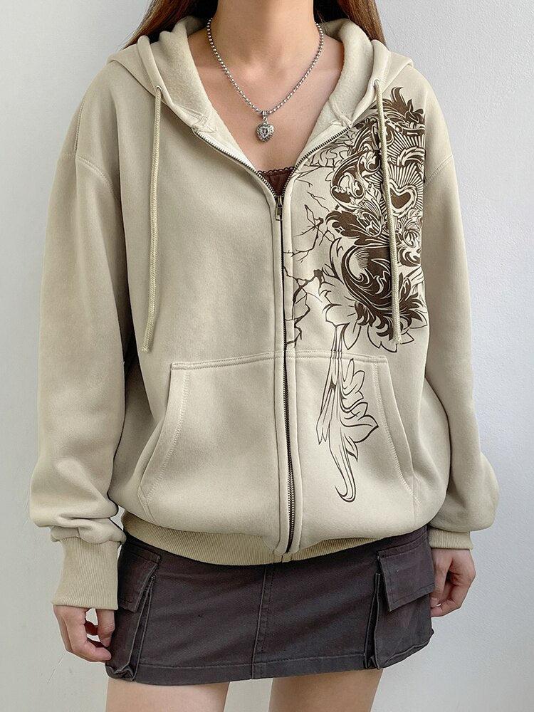 Fairy Grunge Floral Zip-Up Hoodie - Fashionpara