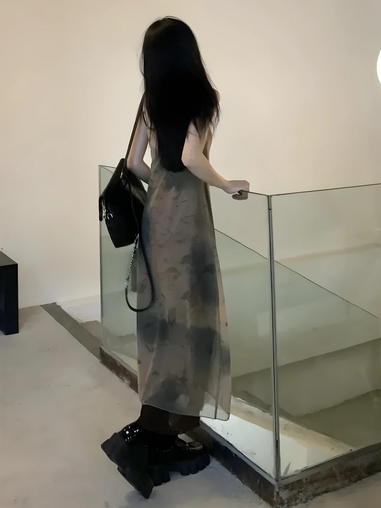 Tie-Dye Square-Neck Strappy Mesh Slip Midi Dress 2