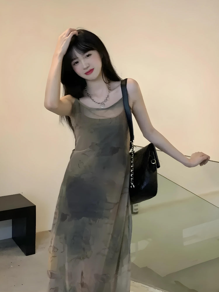 Tie-Dye Square-Neck Strappy Mesh Slip Midi Dress 3