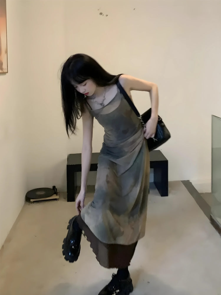 Tie-Dye Square-Neck Strappy Mesh Slip Midi Dress 6