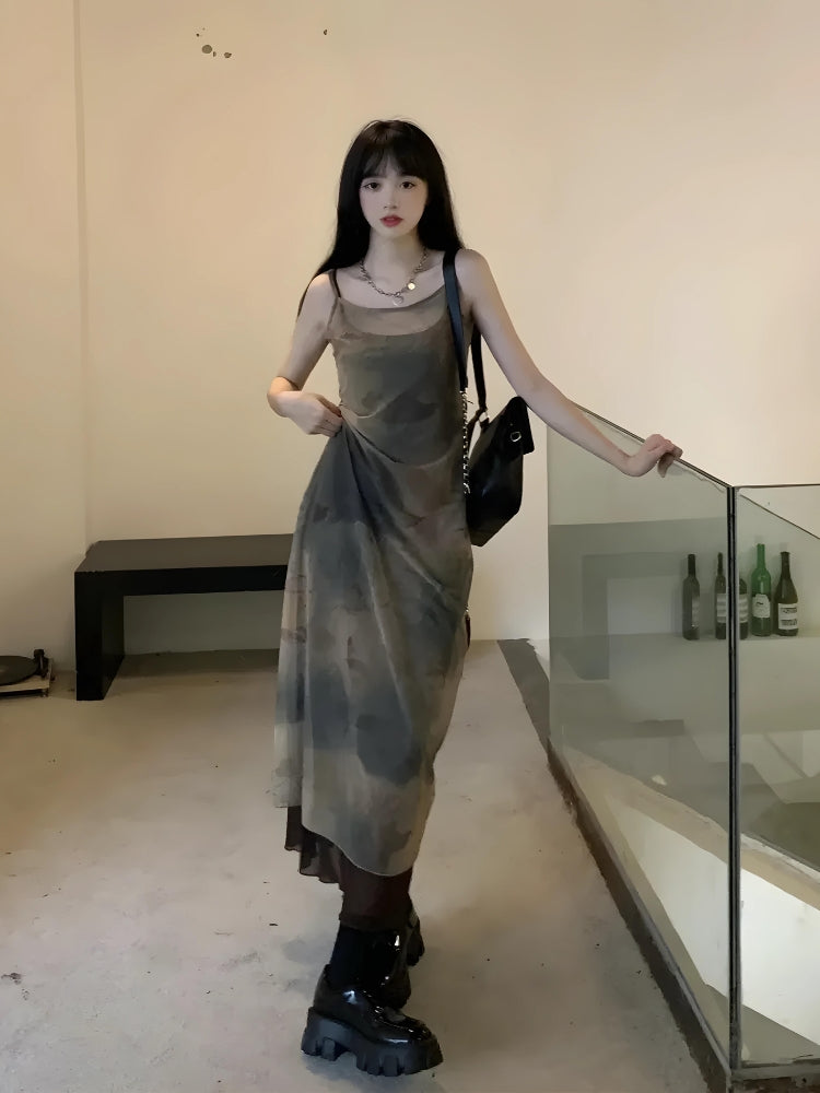 Tie-Dye Square-Neck Strappy Mesh Slip Midi Dress
