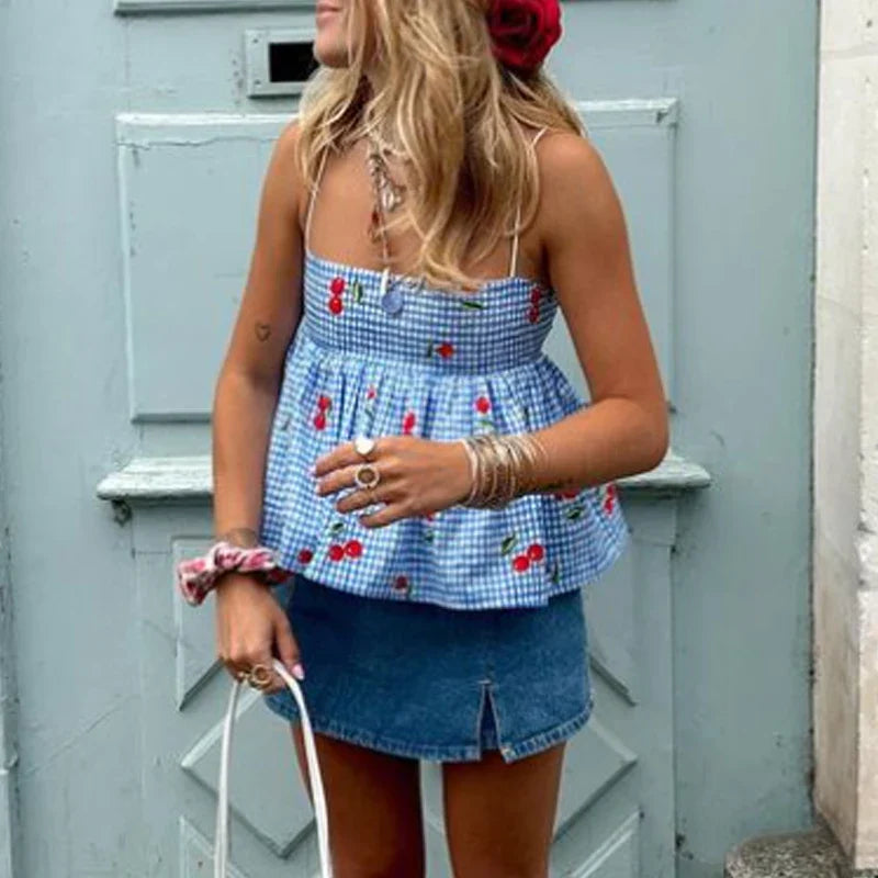 Cherry Plaid Peplum Crop Top