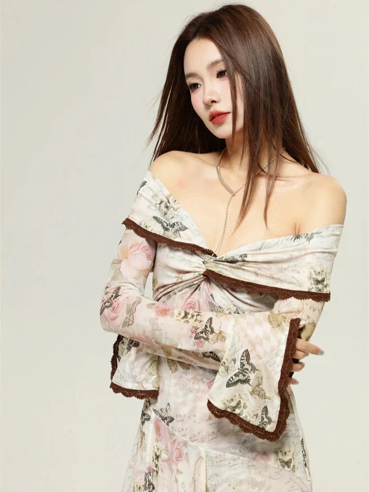 Floral Butterfly Print Off-Shoulder Asymmetric Maxi Dress 5