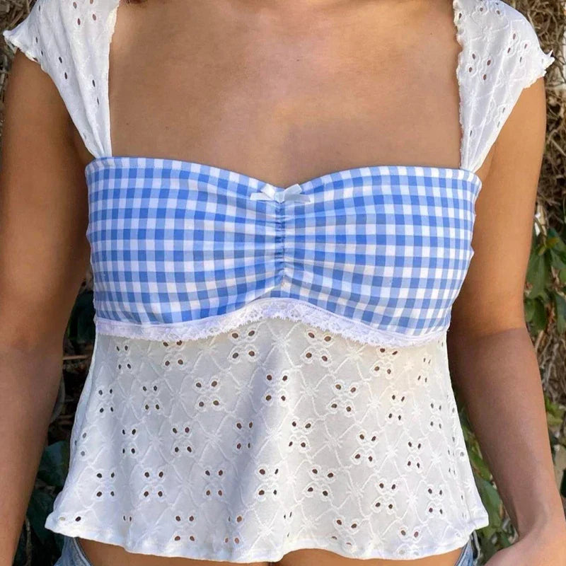 Fairycore Jacquard Eyelet Plaid Patchwork Milkmaid Tie-Up Backless Crop Top