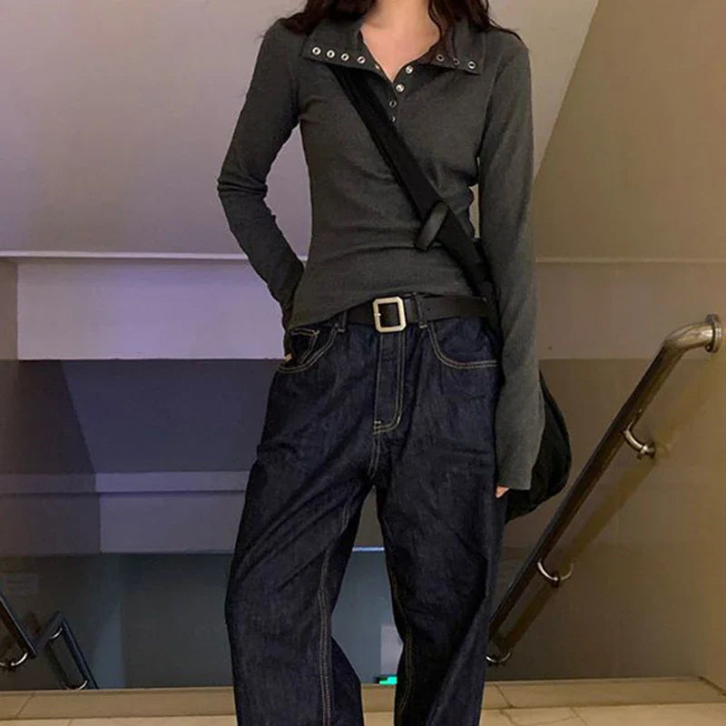 Fall Winter Ribbed Button Up Knit Pullover Knit Top - Fashionpara