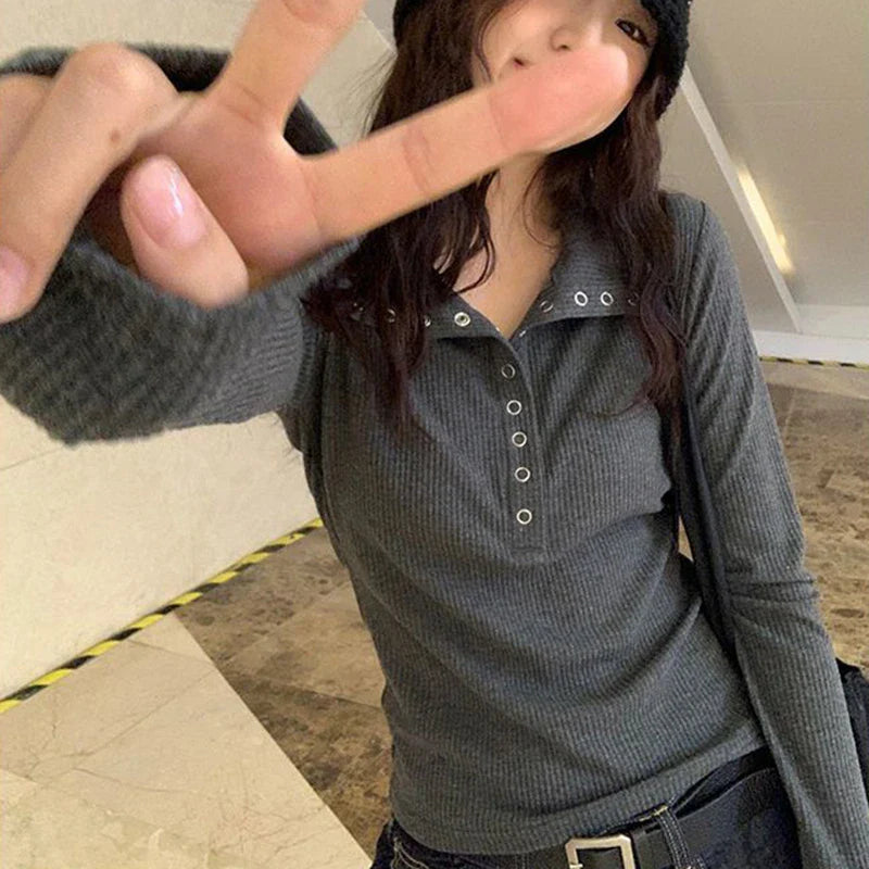 Fall Winter Ribbed Button Up Knit Pullover Knit Top - Fashionpara