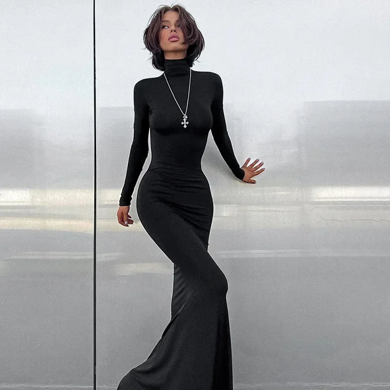 Turtleneck Long Sleeve Bodycon Maxi Dress 7